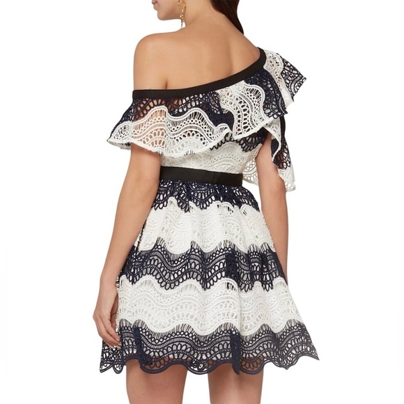Self-Portrait Neavy blue white strip lace frill off shoulder mini dress US2 UK6 - Picture 2 of 7